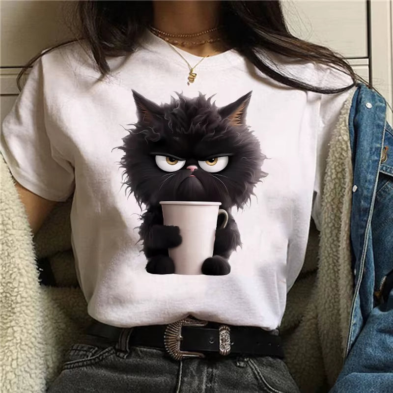 Funny Cat Women Summer White Print T-Shirt Girl Casual Short Sleeve O Neck Top for Summer Female Animal Clothing