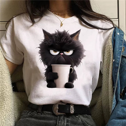 Funny Cat Women Summer White Print T-Shirt Girl Casual Short Sleeve O Neck Top for Summer Female Animal Clothing
